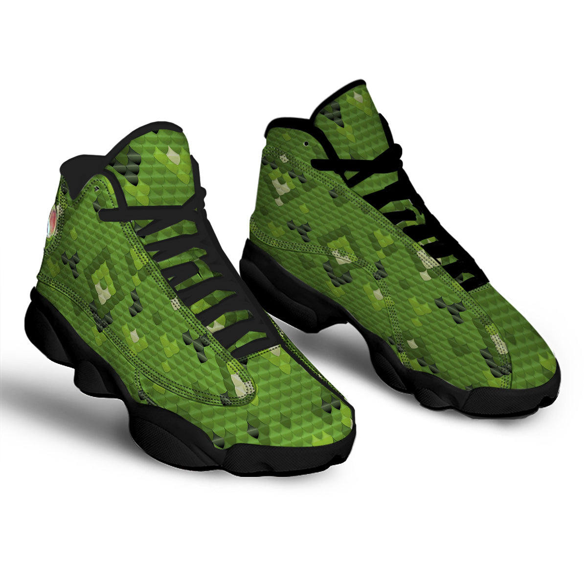 Green Snake Skin Cartoon Print Pattern Black Basketball Shoes-grizzshop