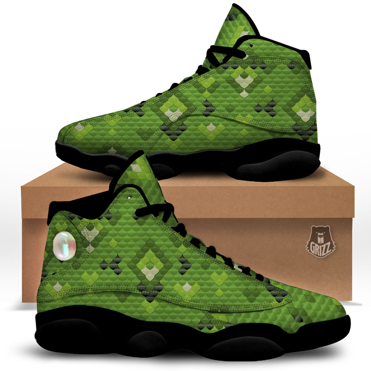 Green Snake Skin Cartoon Print Pattern Black Basketball Shoes-grizzshop
