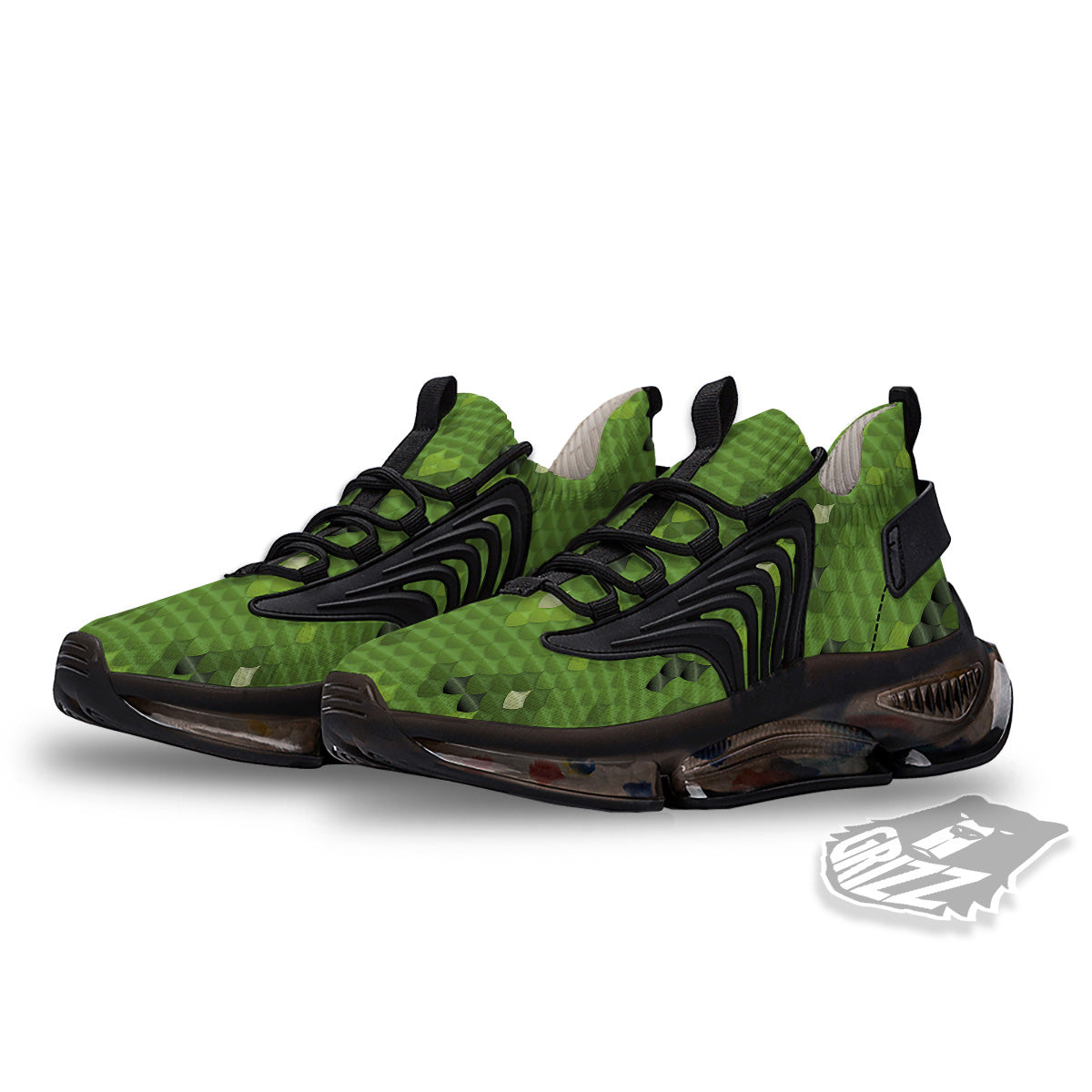 Green Snake Skin Cartoon Print Pattern Black Gym Shoes-grizzshop