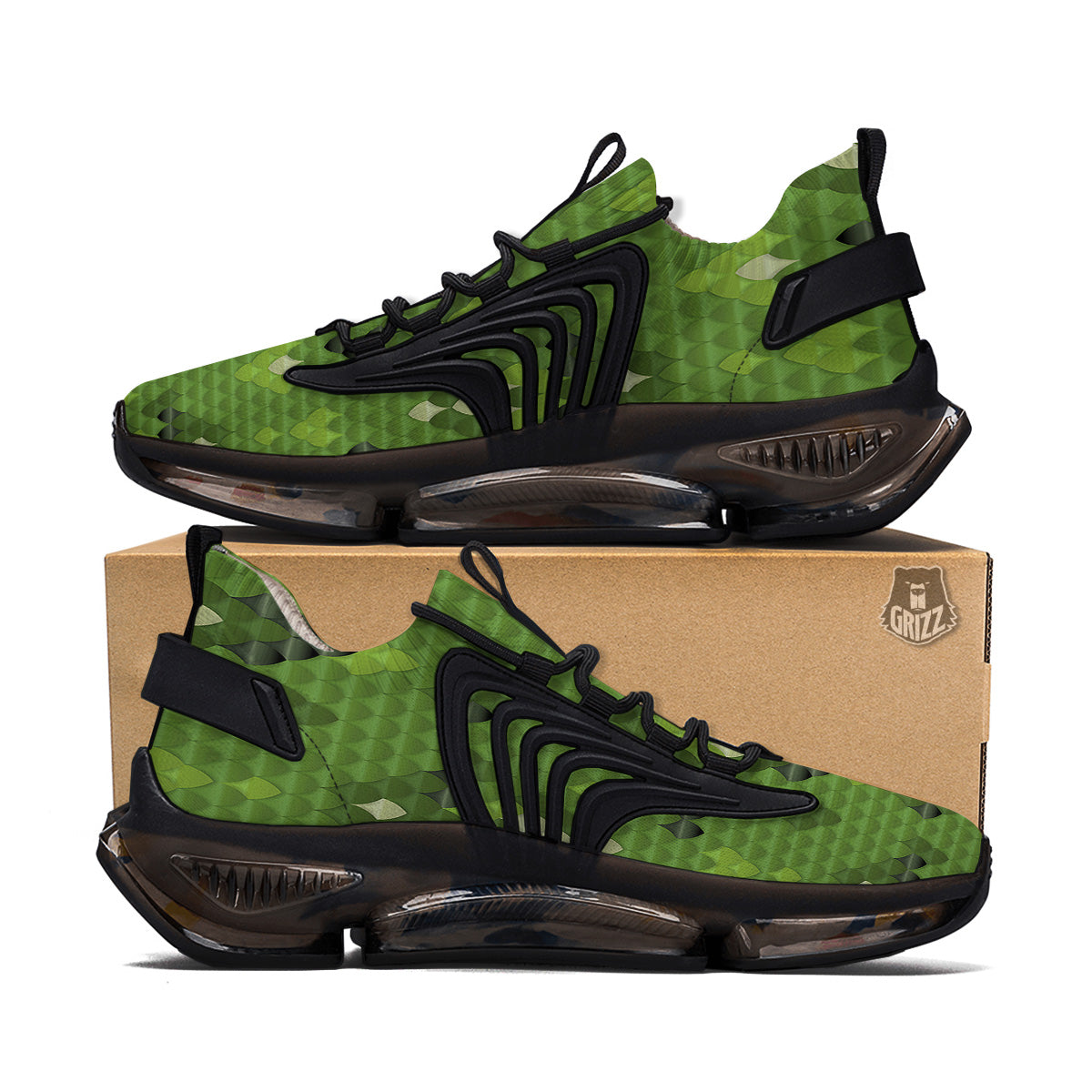 Green Snake Skin Cartoon Print Pattern Black Gym Shoes-grizzshop