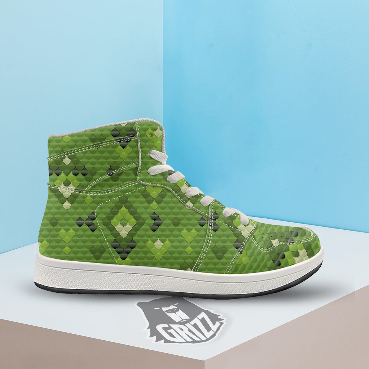 Green Snake Skin Cartoon Print Pattern High Top Sneakers-grizzshop