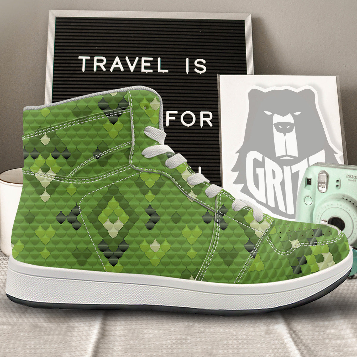 Green Snake Skin Cartoon Print Pattern High Top Sneakers-grizzshop