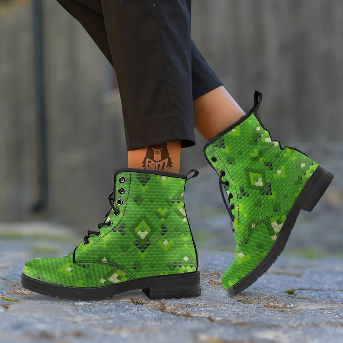 Green Snake Skin Cartoon Print Pattern Leather Boots-grizzshop