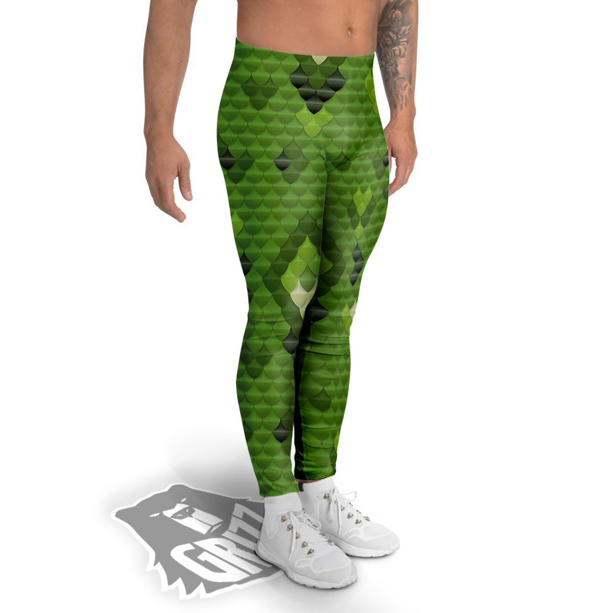 Green Snake Skin Cartoon Print Pattern Men's Leggings-grizzshop