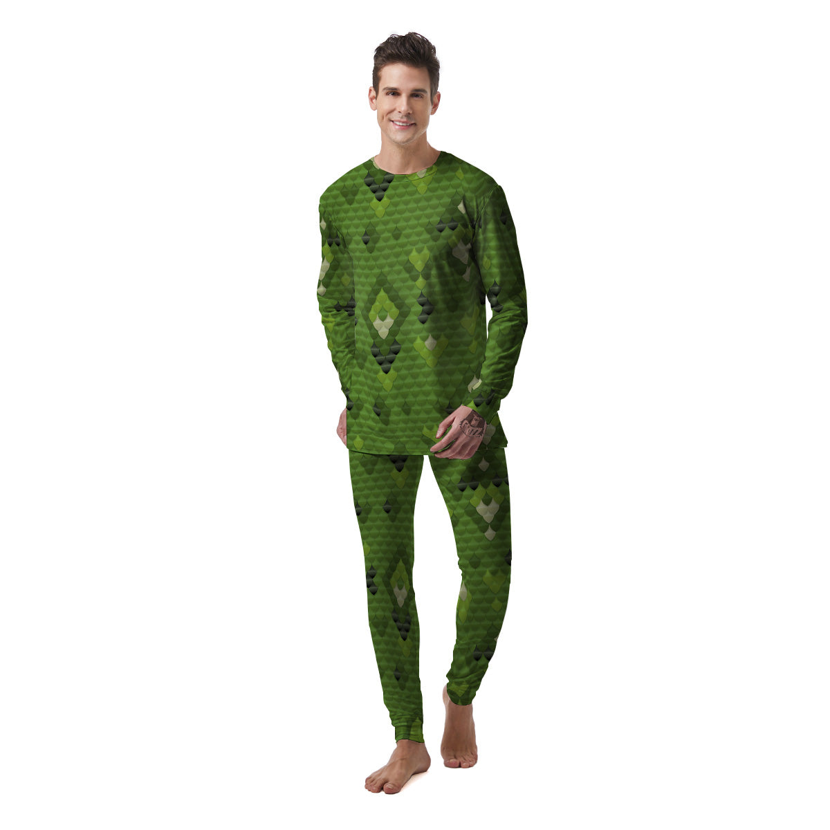 Green Snake Skin Cartoon Print Pattern Men's Pajamas-grizzshop