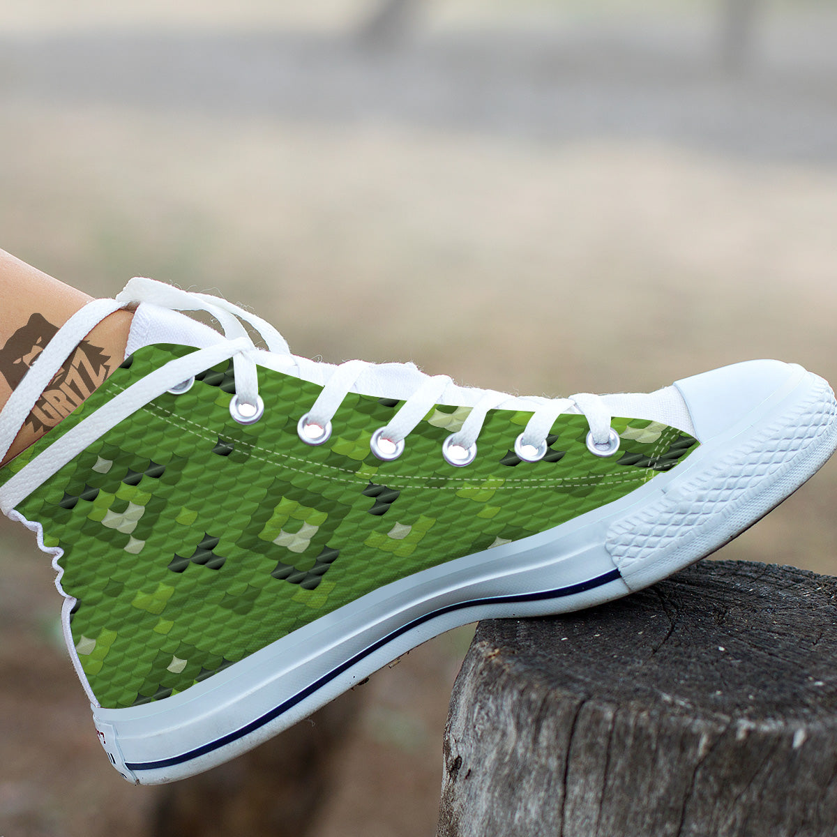 Green Snake Skin Cartoon Print Pattern White High Top Shoes-grizzshop