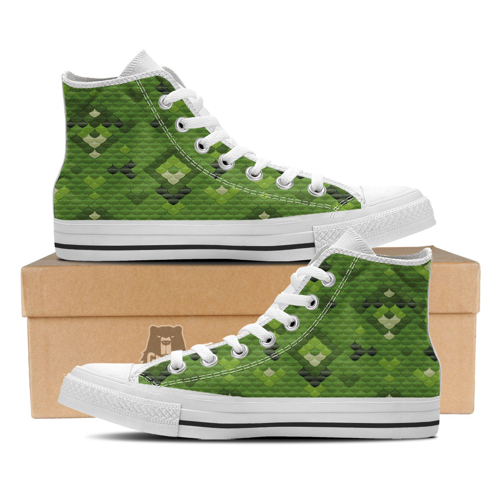 Green Snake Skin Cartoon Print Pattern White High Top Shoes-grizzshop