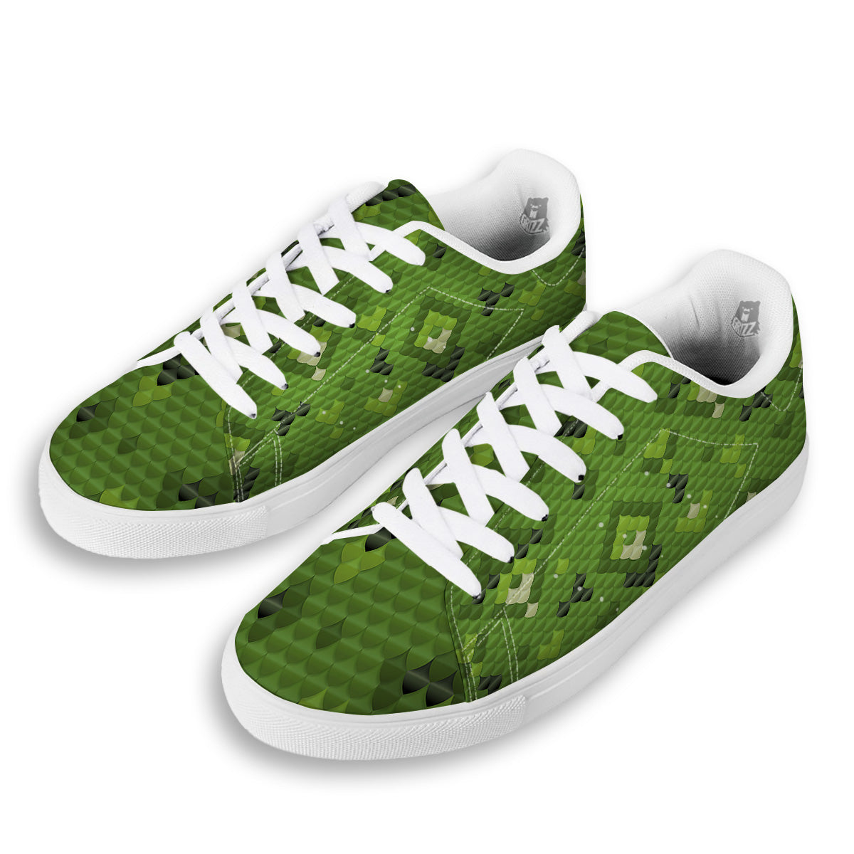 Green Snake Skin Cartoon Print Pattern White Low Top Sneakers-grizzshop