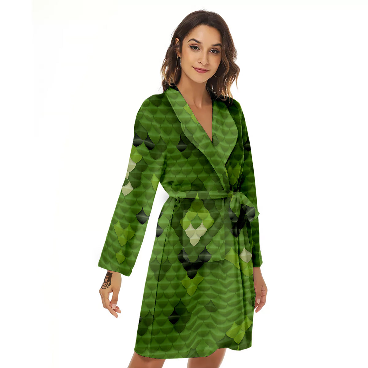 Green Snake Skin Cartoon Print Pattern Women's Robe-grizzshop