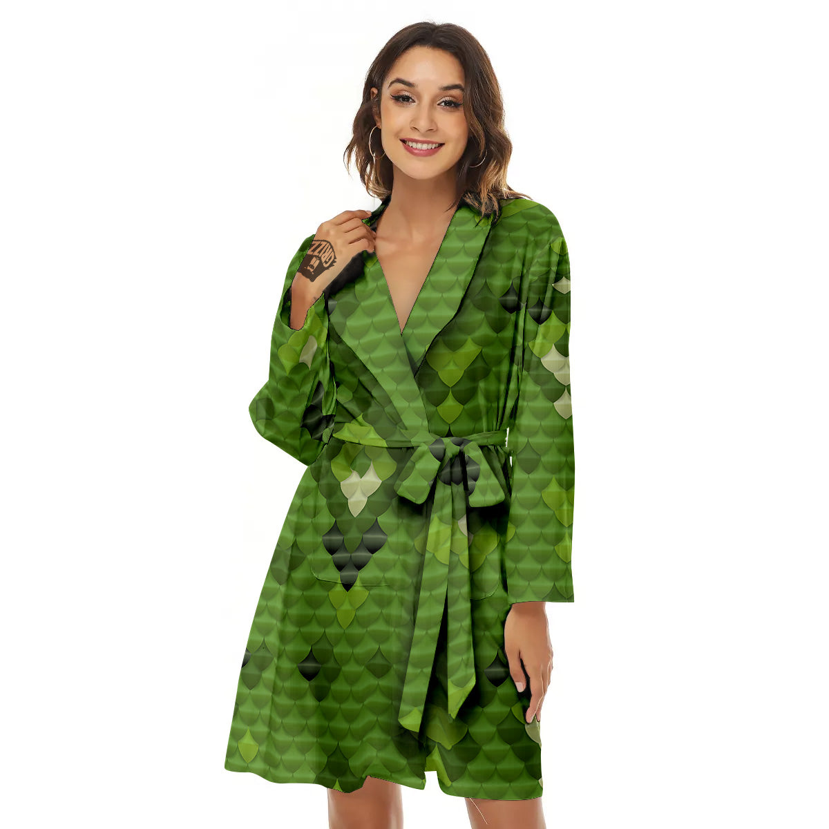 Green Snake Skin Cartoon Print Pattern Women's Robe-grizzshop