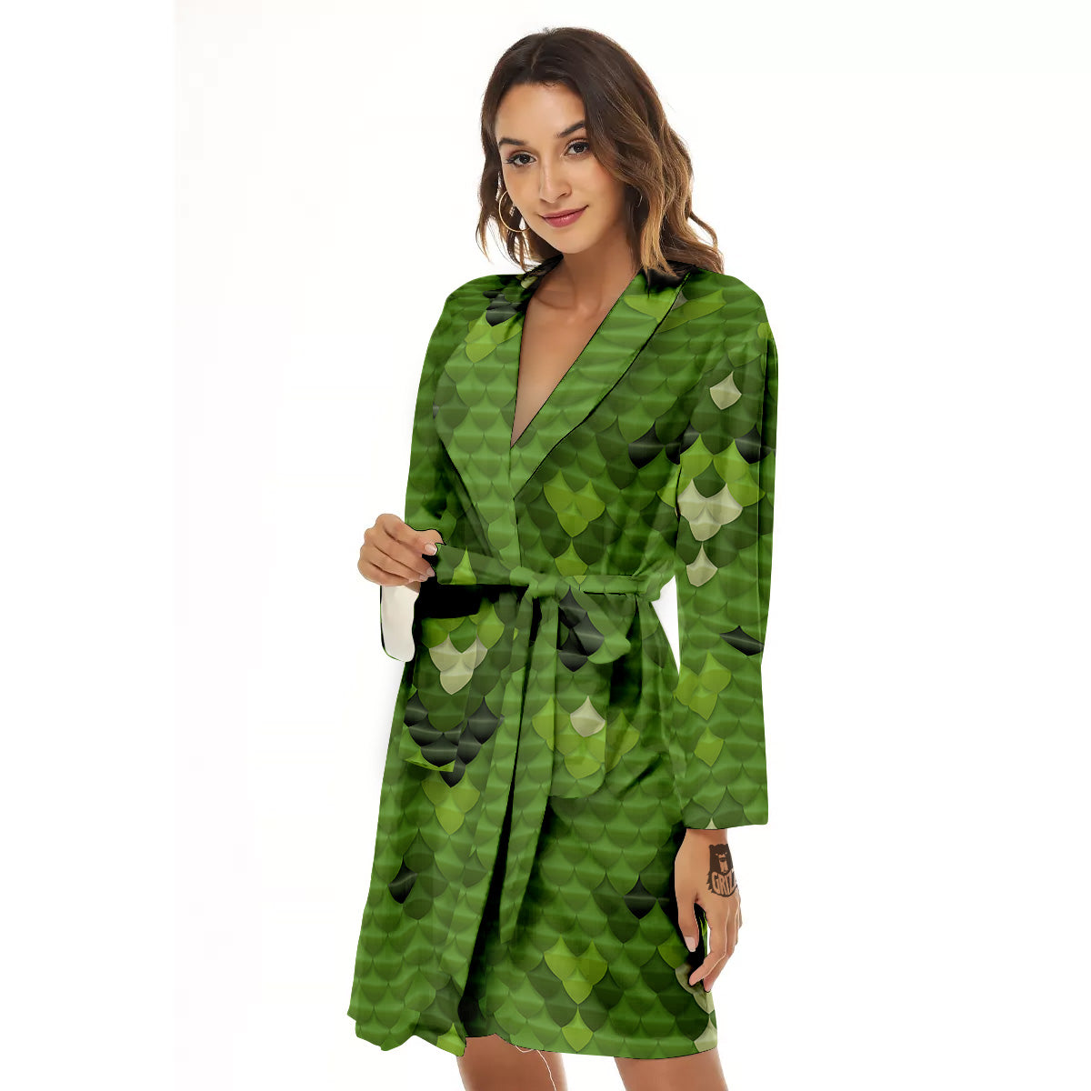 Green Snake Skin Cartoon Print Pattern Women's Robe-grizzshop