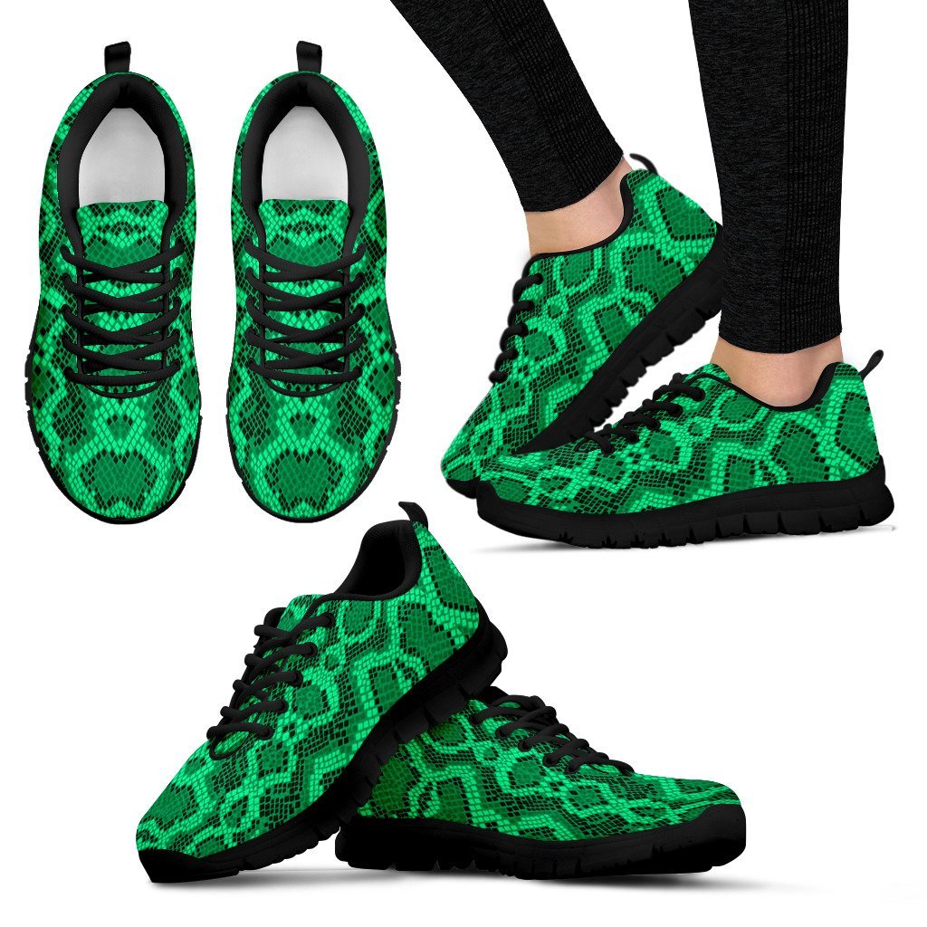 Green Snakeskin Python Skin Pattern Print Black Sneaker Shoes For Men Women-grizzshop
