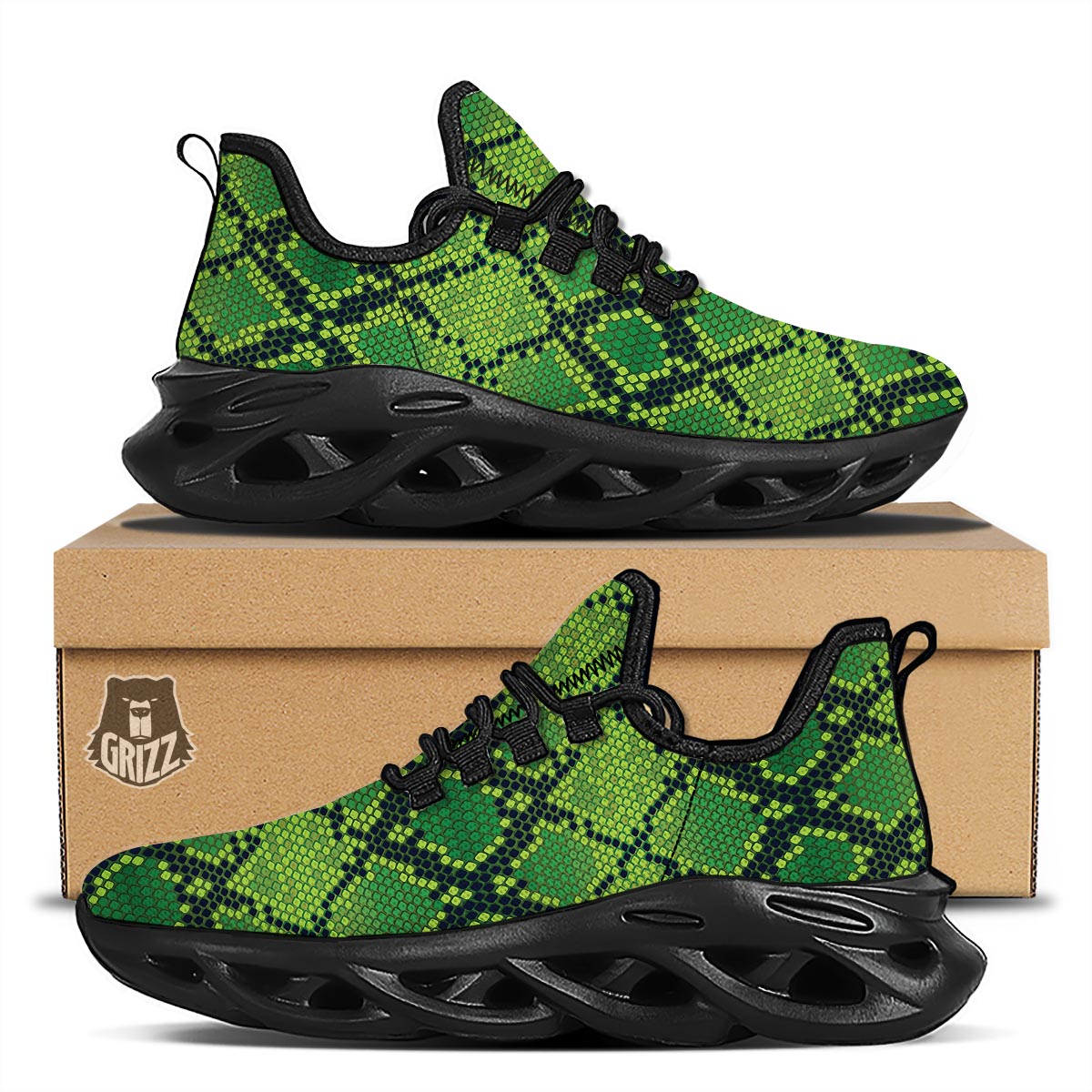 Green Snakeskin print Black Running Shoes-grizzshop