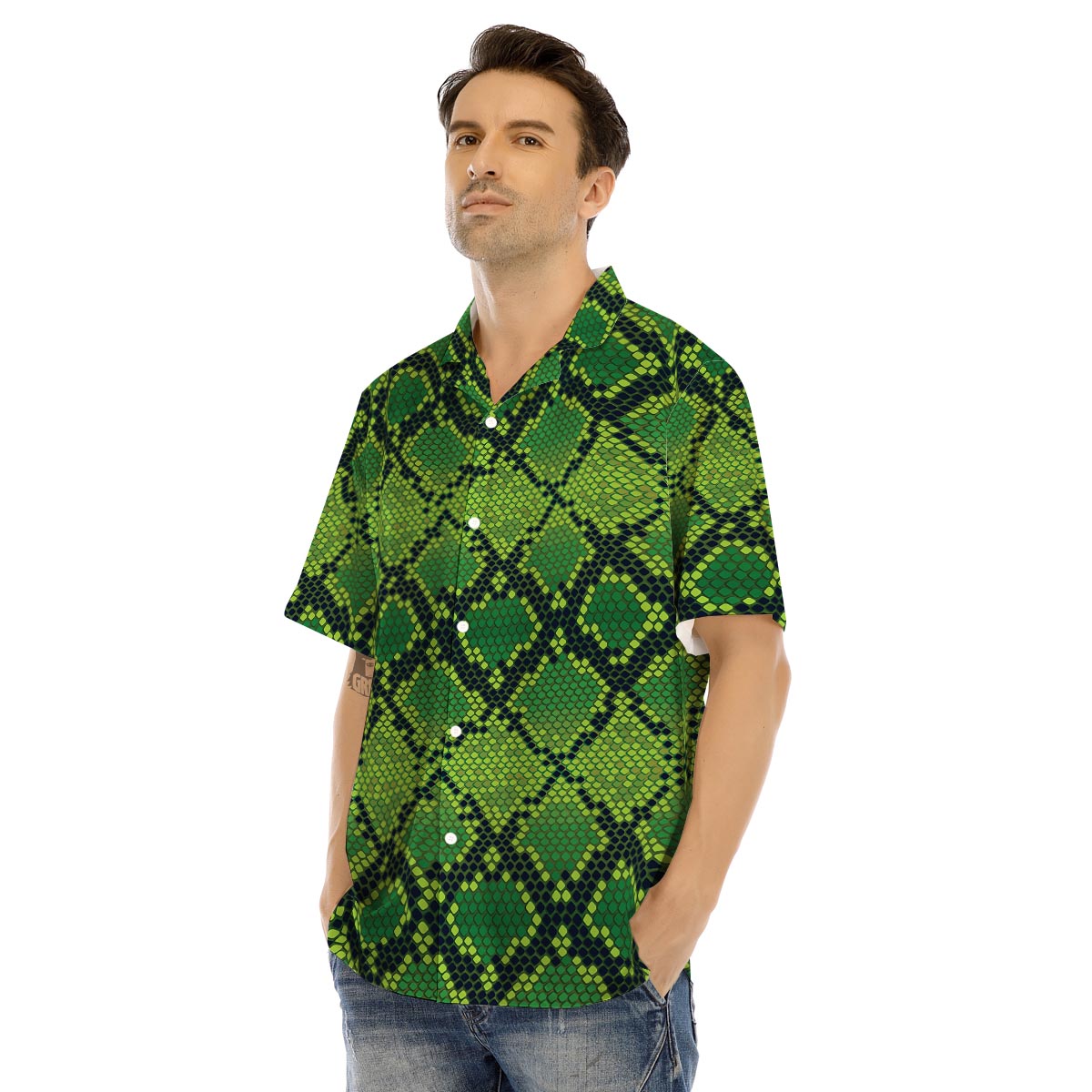 Green Snakeskin print Men’s Hawaiian Shirt-grizzshop