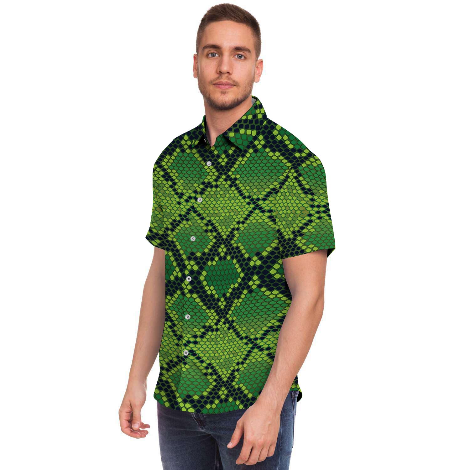 Green Snakeskin print Men's Short Sleeve Shirt-grizzshop