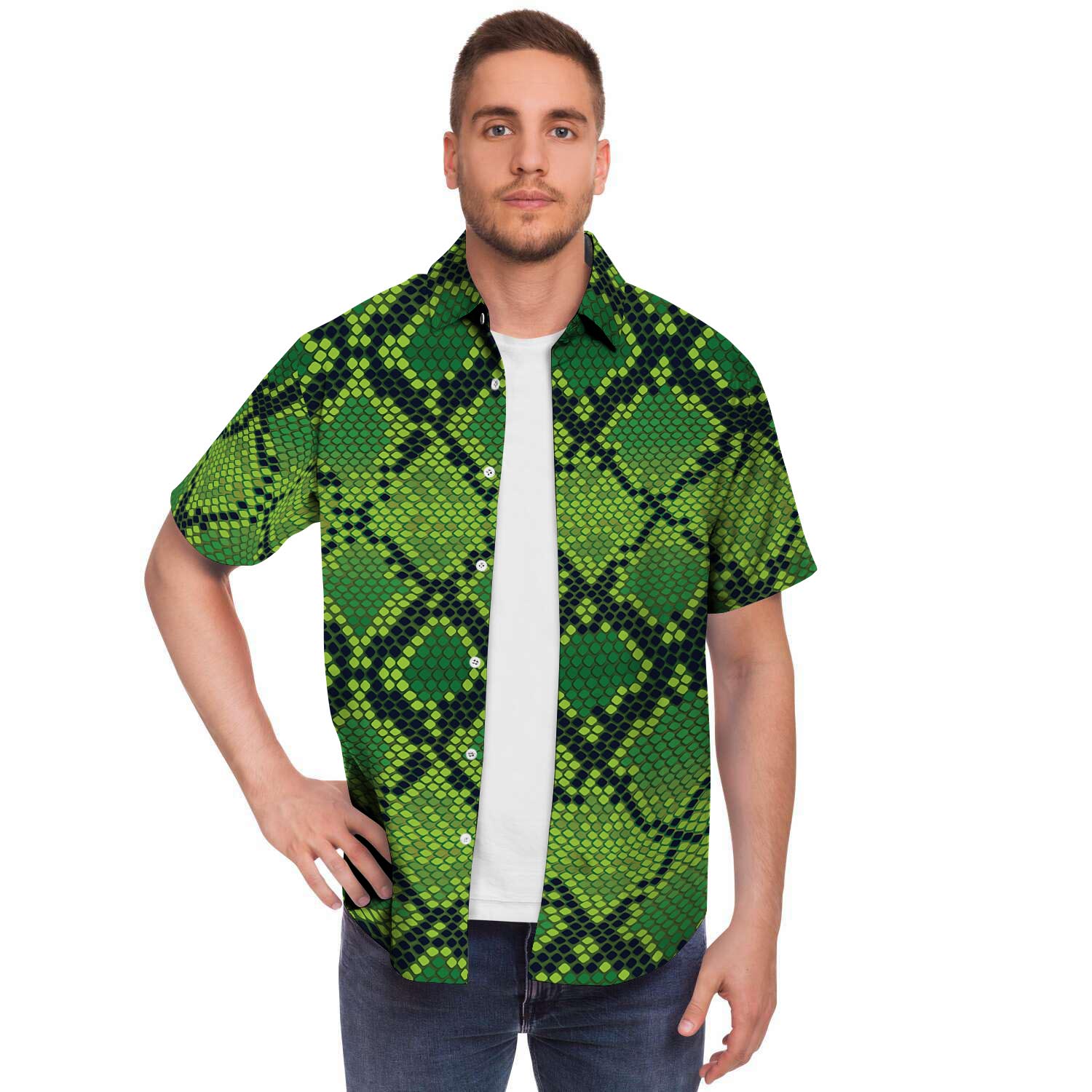 Green Snakeskin print Men's Short Sleeve Shirt-grizzshop
