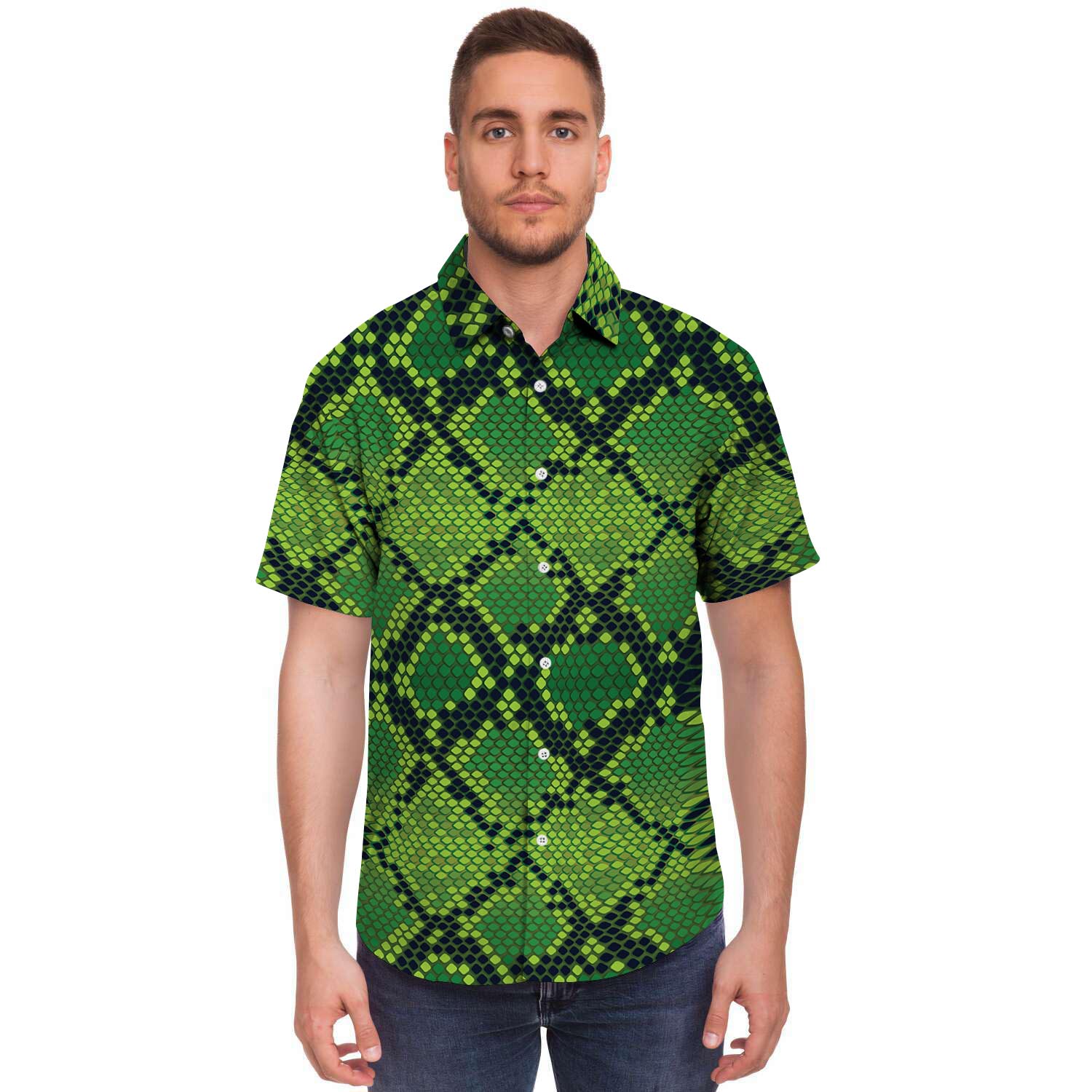 Green Snakeskin print Men's Short Sleeve Shirt-grizzshop