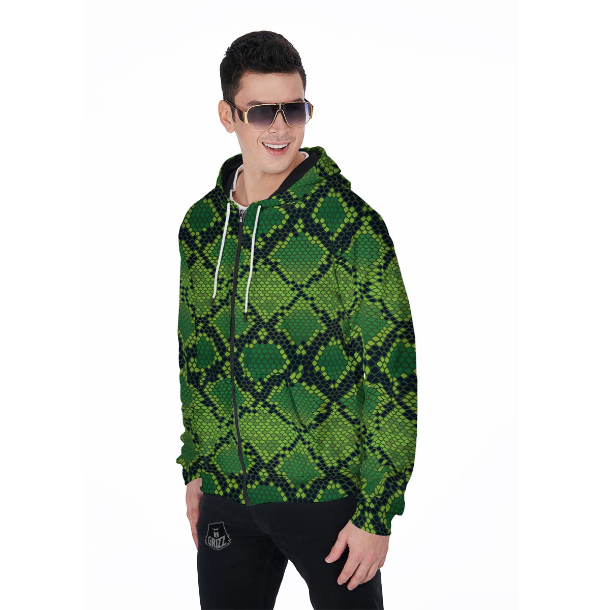 Green Snakeskin print Men's Zip Up Hoodie-grizzshop