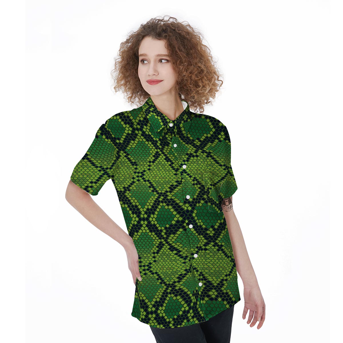 Green Snakeskin print Women's Short Sleeve Shirts-grizzshop