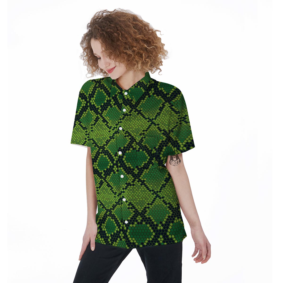 Green Snakeskin print Women's Short Sleeve Shirts-grizzshop