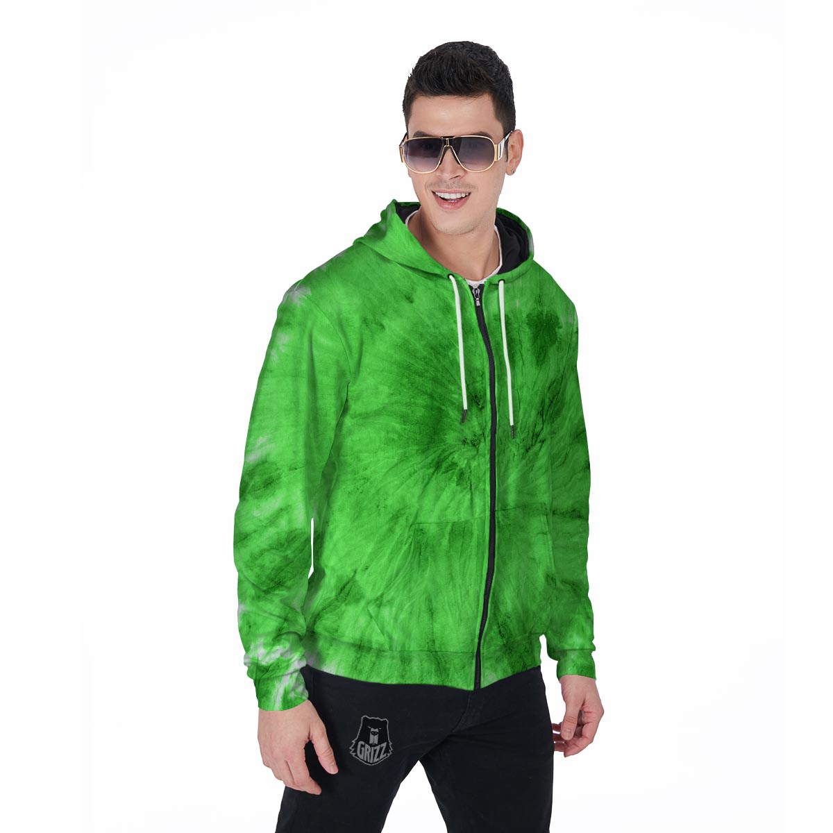 Green Tie Dye Men's Zip Up Hoodie-grizzshop