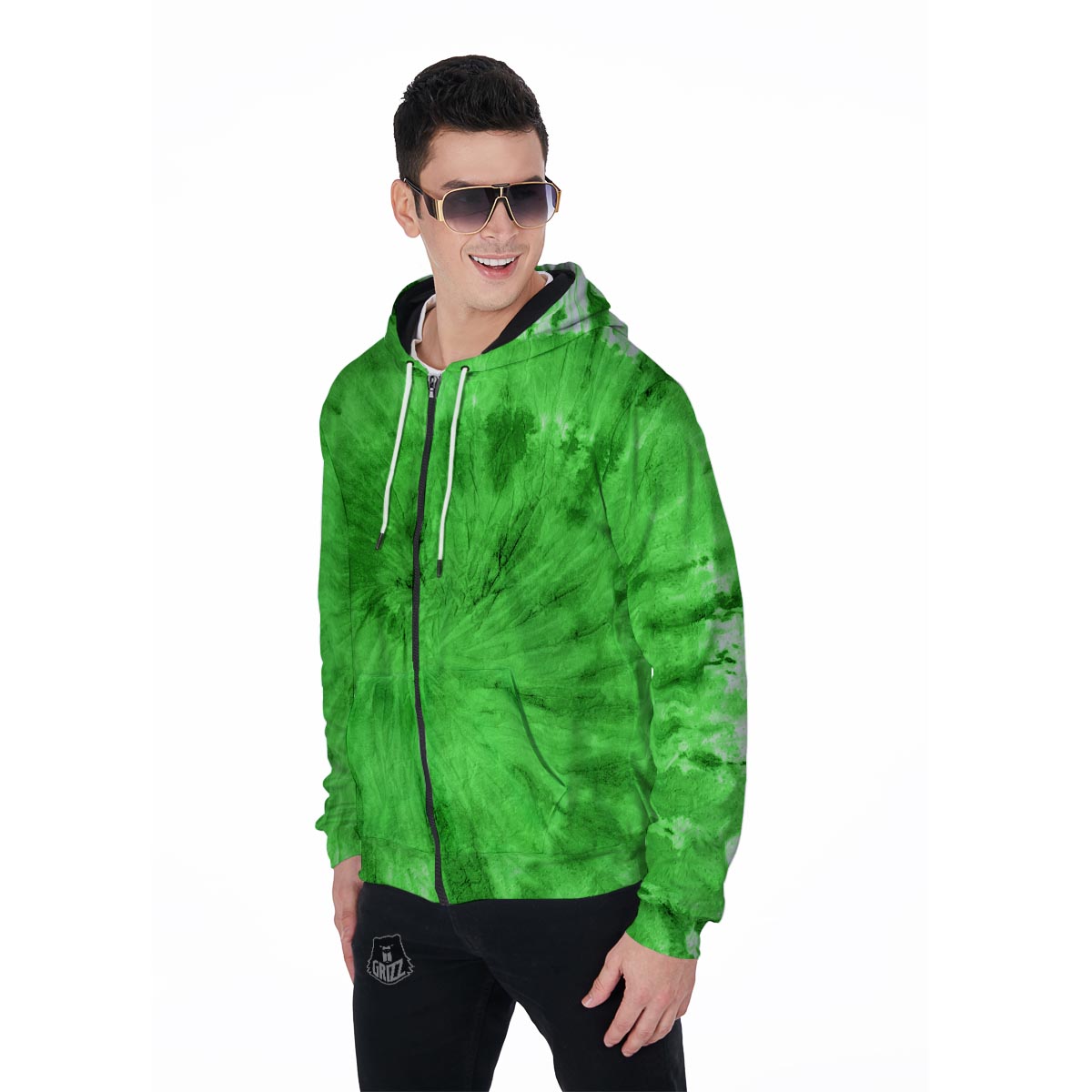 Green Tie Dye Men's Zip Up Hoodie-grizzshop