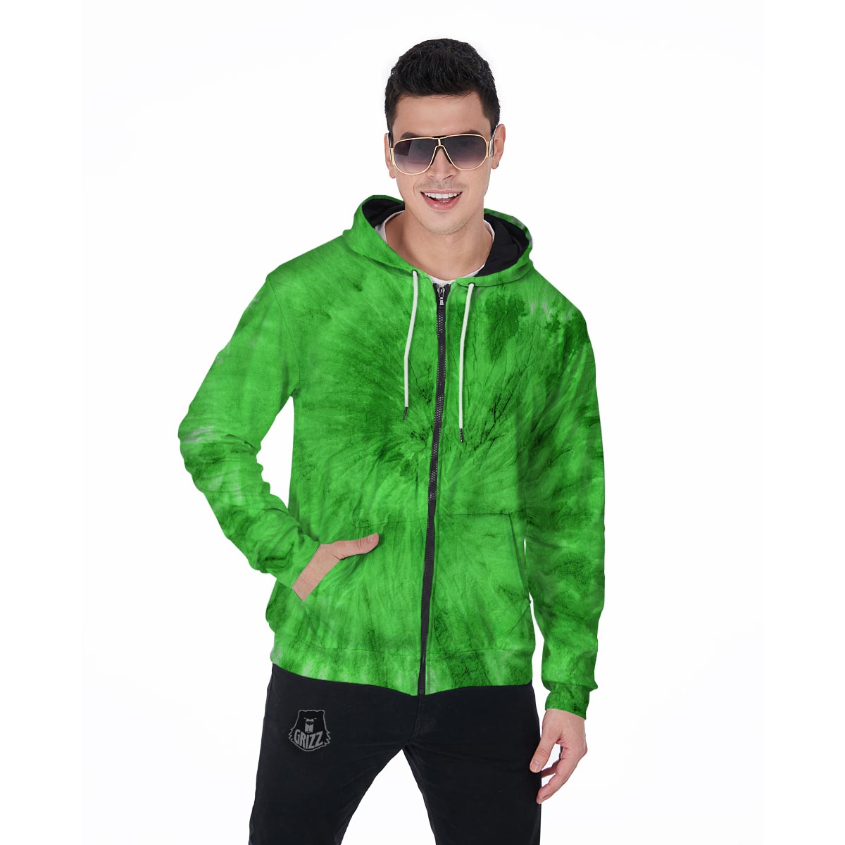 Green Tie Dye Men's Zip Up Hoodie-grizzshop