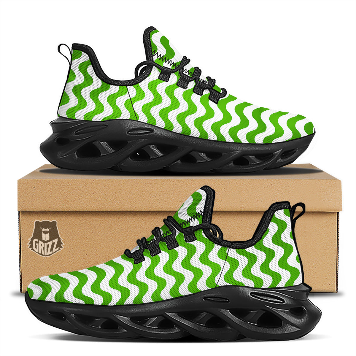 Green Wave Striped Print Black Running Shoes-grizzshop