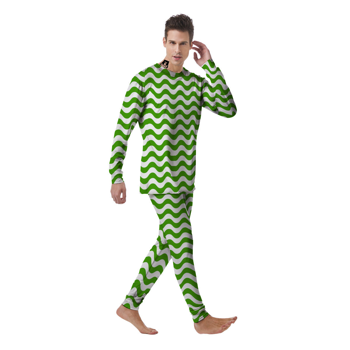 Green Wave Striped Print Men's Pajamas-grizzshop