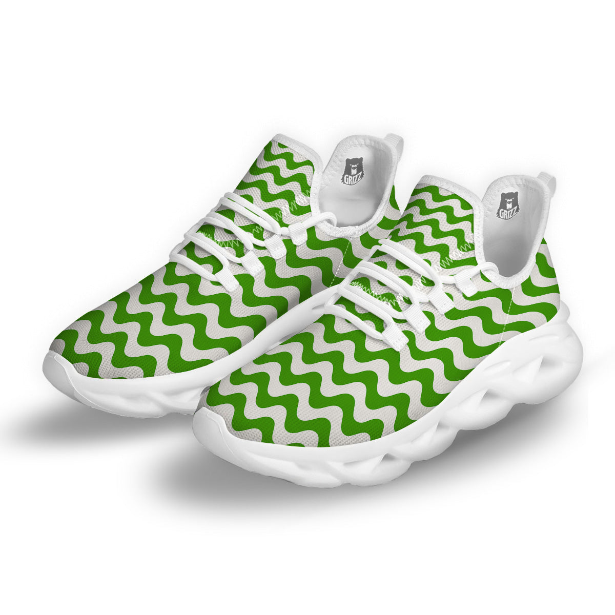 Green Wave Striped Print White Running Shoes-grizzshop