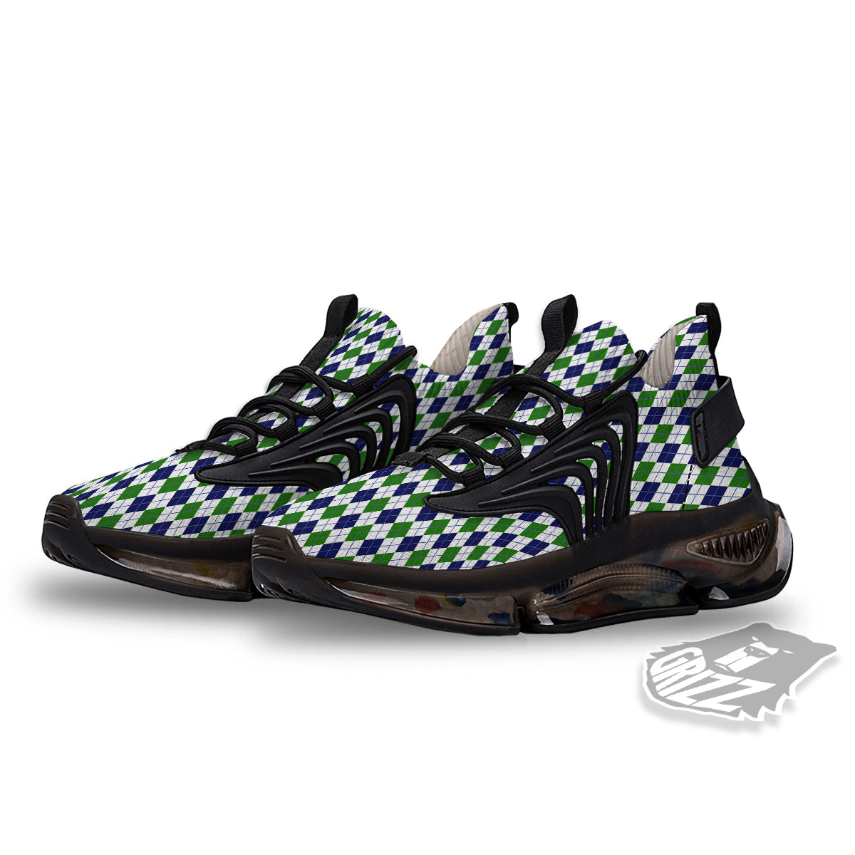 Green White And Navy Argyle Print Pattern Black Gym Shoes-grizzshop