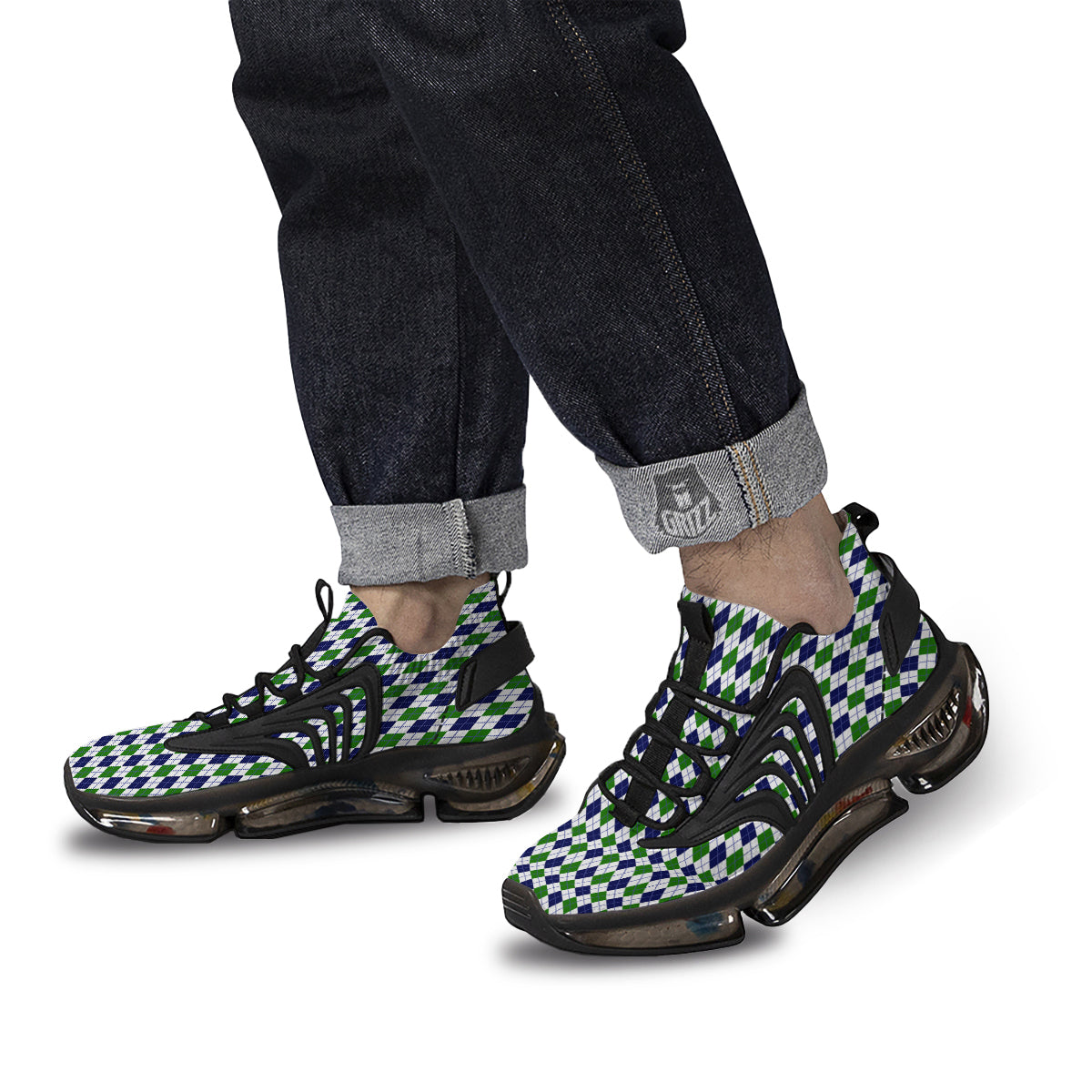 Green White And Navy Argyle Print Pattern Black Gym Shoes-grizzshop