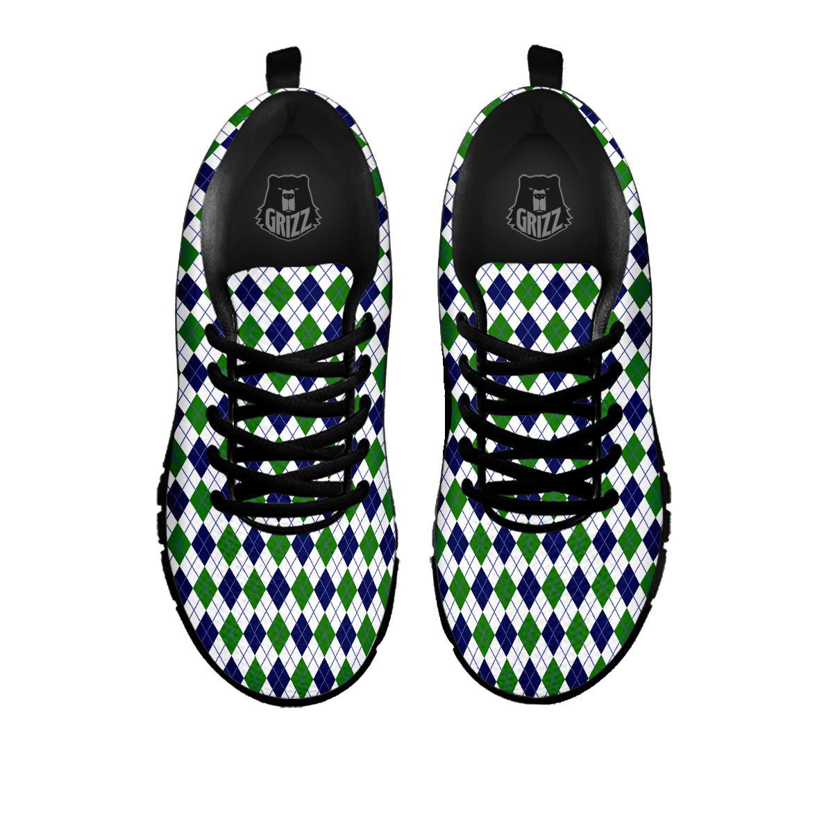 Green White And Navy Argyle Print Pattern Black Sneaker-grizzshop