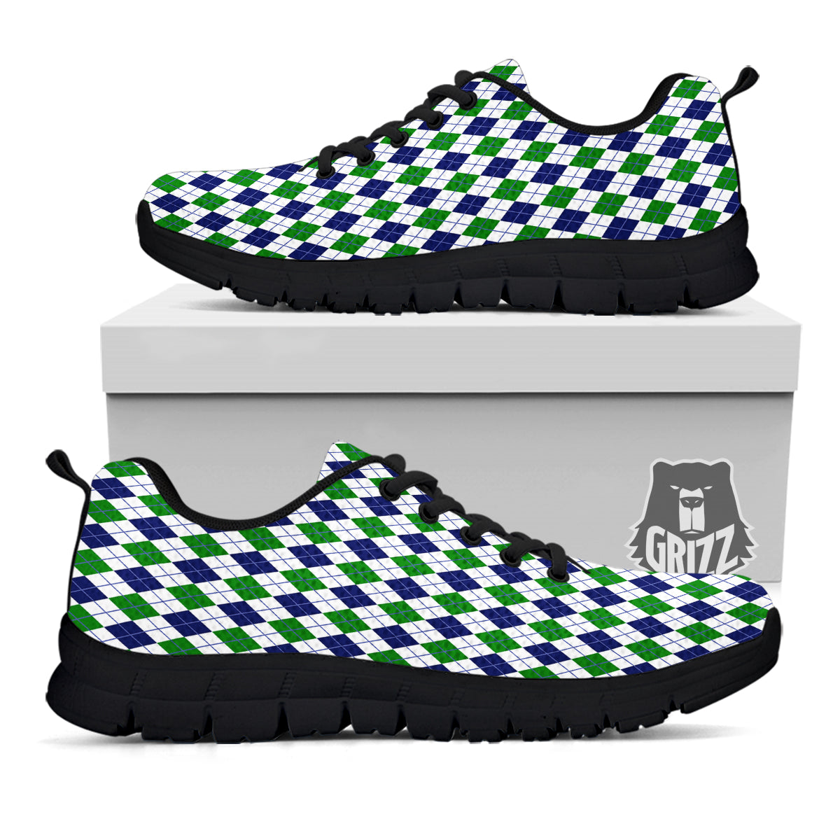 Green White And Navy Argyle Print Pattern Black Sneaker-grizzshop