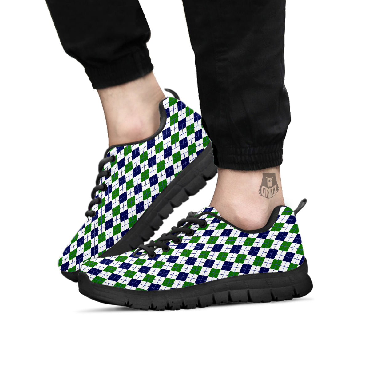 Green White And Navy Argyle Print Pattern Black Sneaker-grizzshop