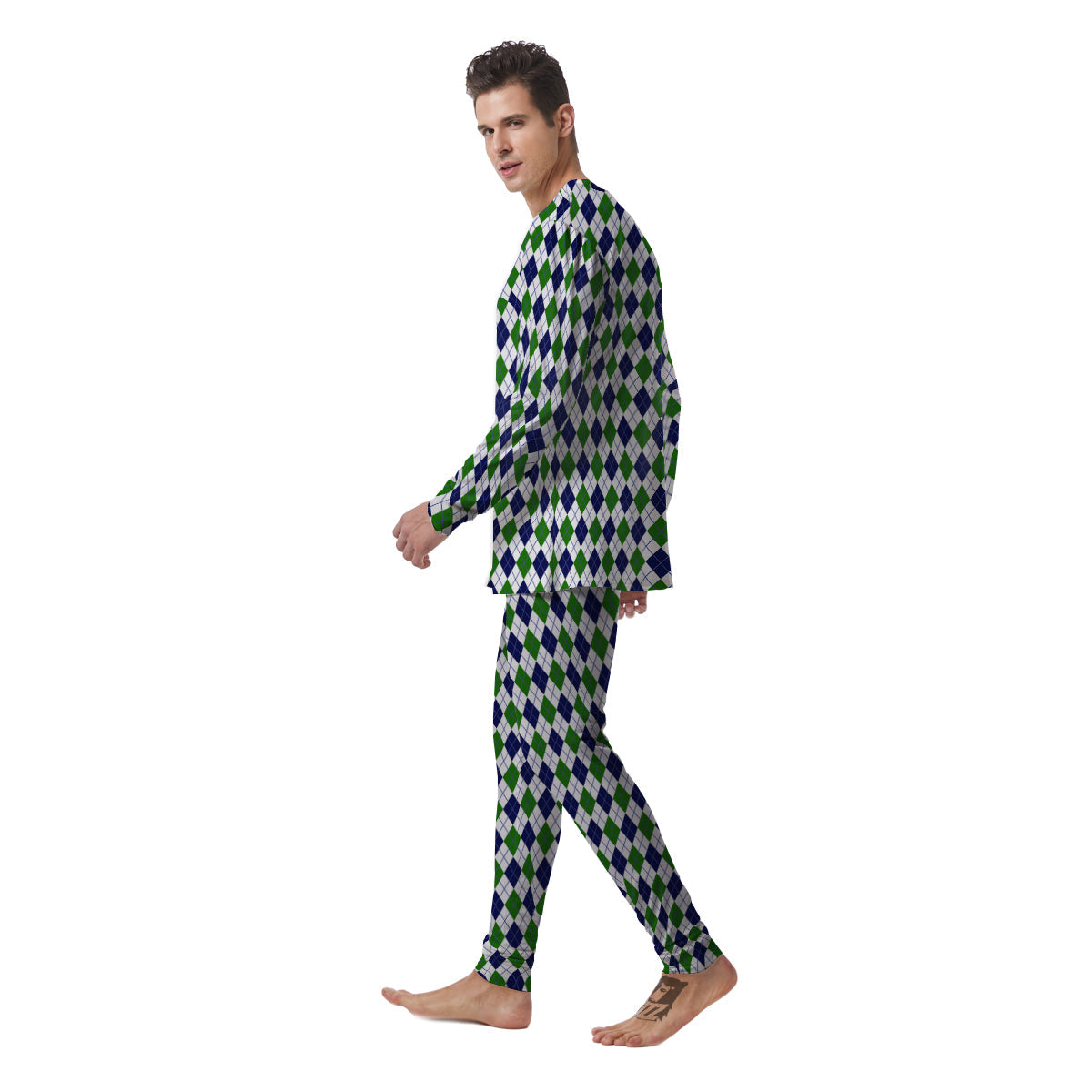 Green White And Navy Argyle Print Pattern Men's Pajamas-grizzshop