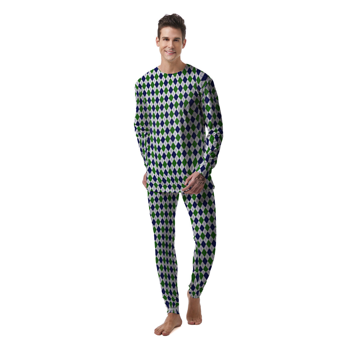 Green White And Navy Argyle Print Pattern Men's Pajamas-grizzshop