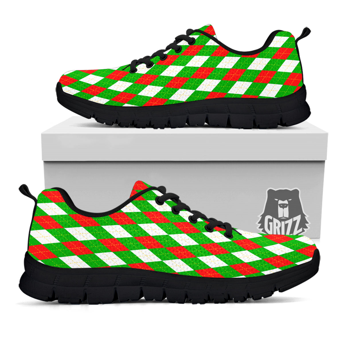 Green White And Red Argyle Print Pattern Black Sneaker-grizzshop