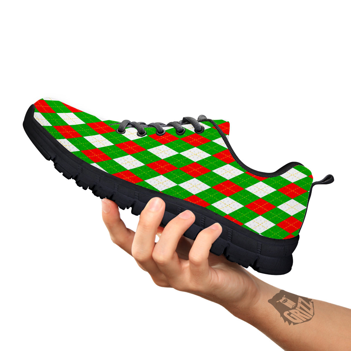 Green White And Red Argyle Print Pattern Black Sneaker-grizzshop