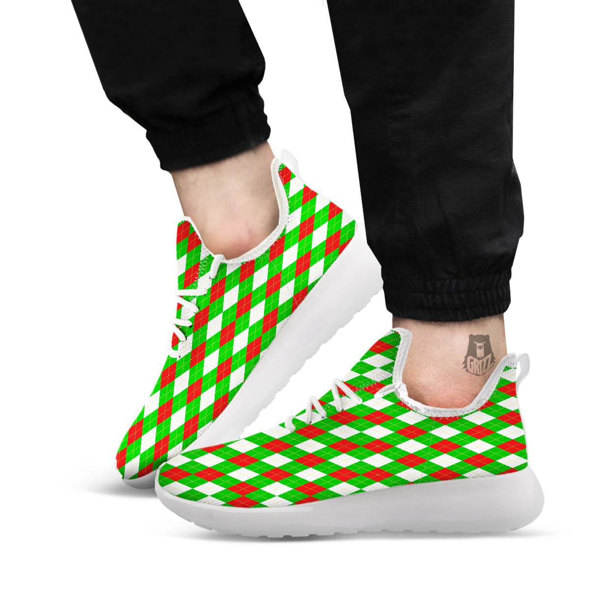 Green White And Red Argyle Print Pattern White Athletic Shoes-grizzshop