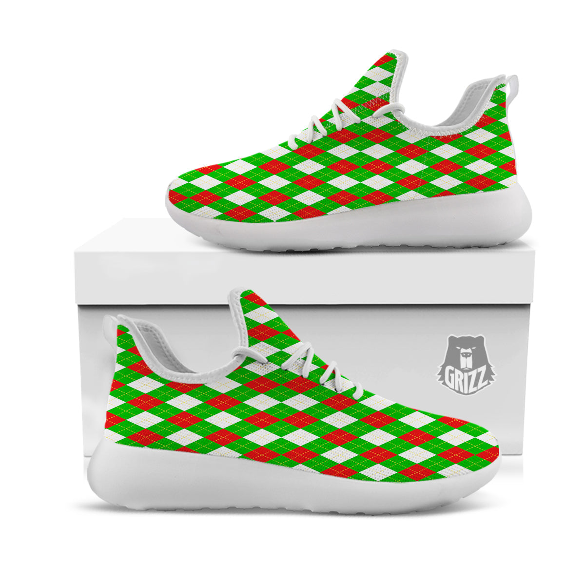 Green White And Red Argyle Print Pattern White Athletic Shoes-grizzshop