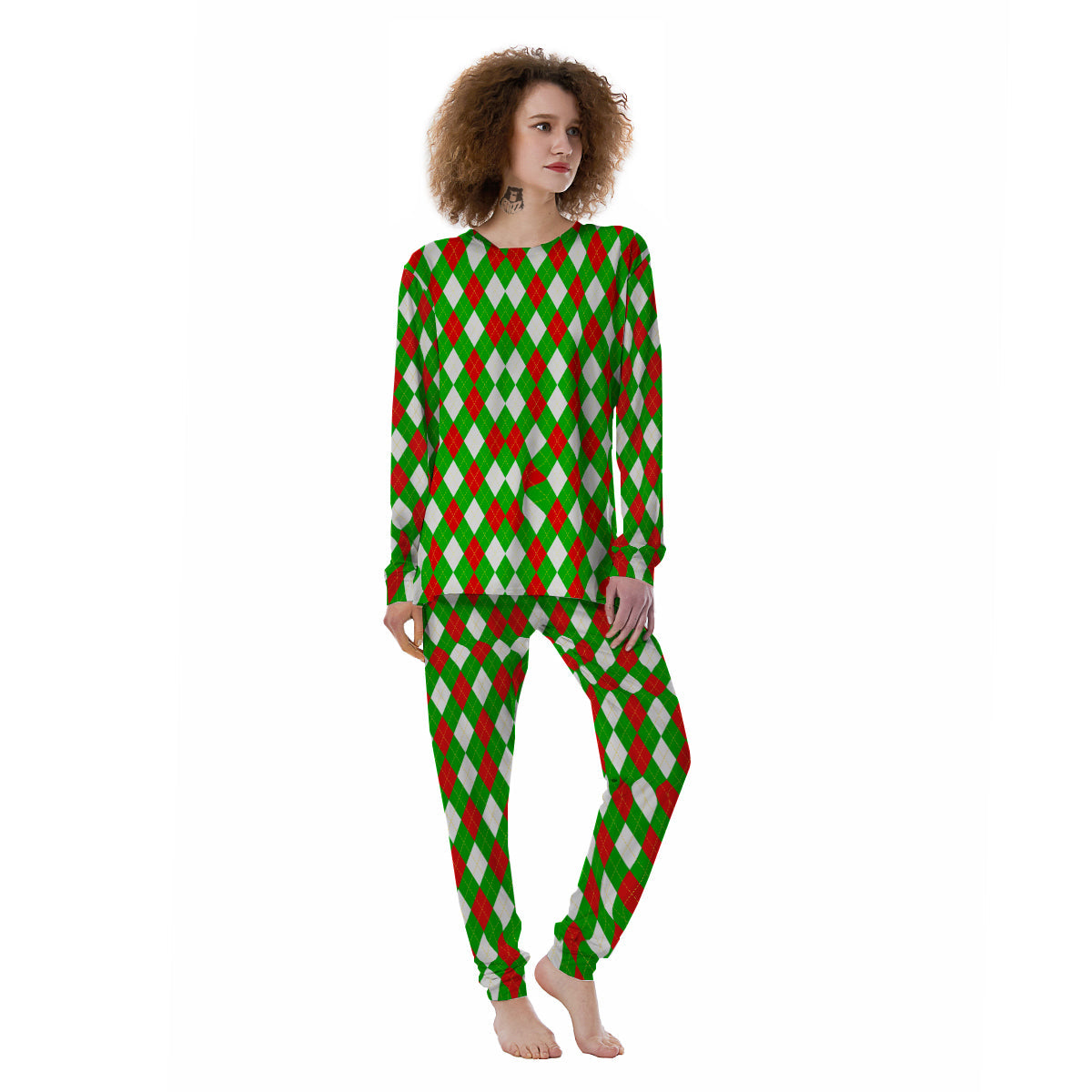 Green White And Red Argyle Print Pattern Women's Pajamas-grizzshop