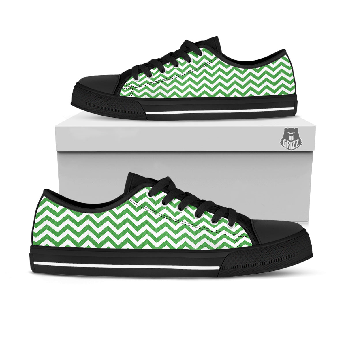 Green Zigzag Print Pattern Black Low Top Shoes-grizzshop
