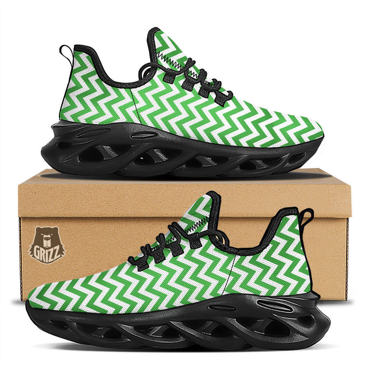 Green Zigzag Print Pattern Black Running Shoes-grizzshop