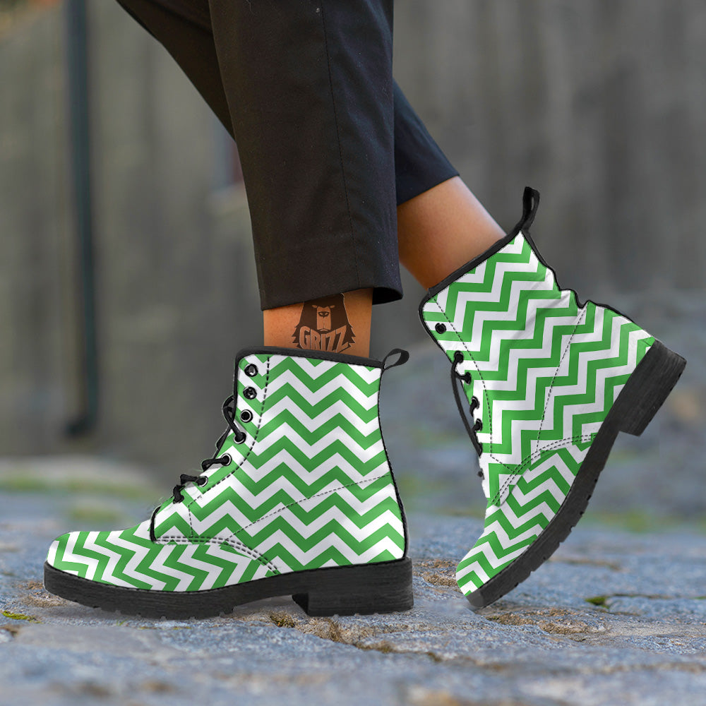 Green Zigzag Print Pattern Leather Boots-grizzshop