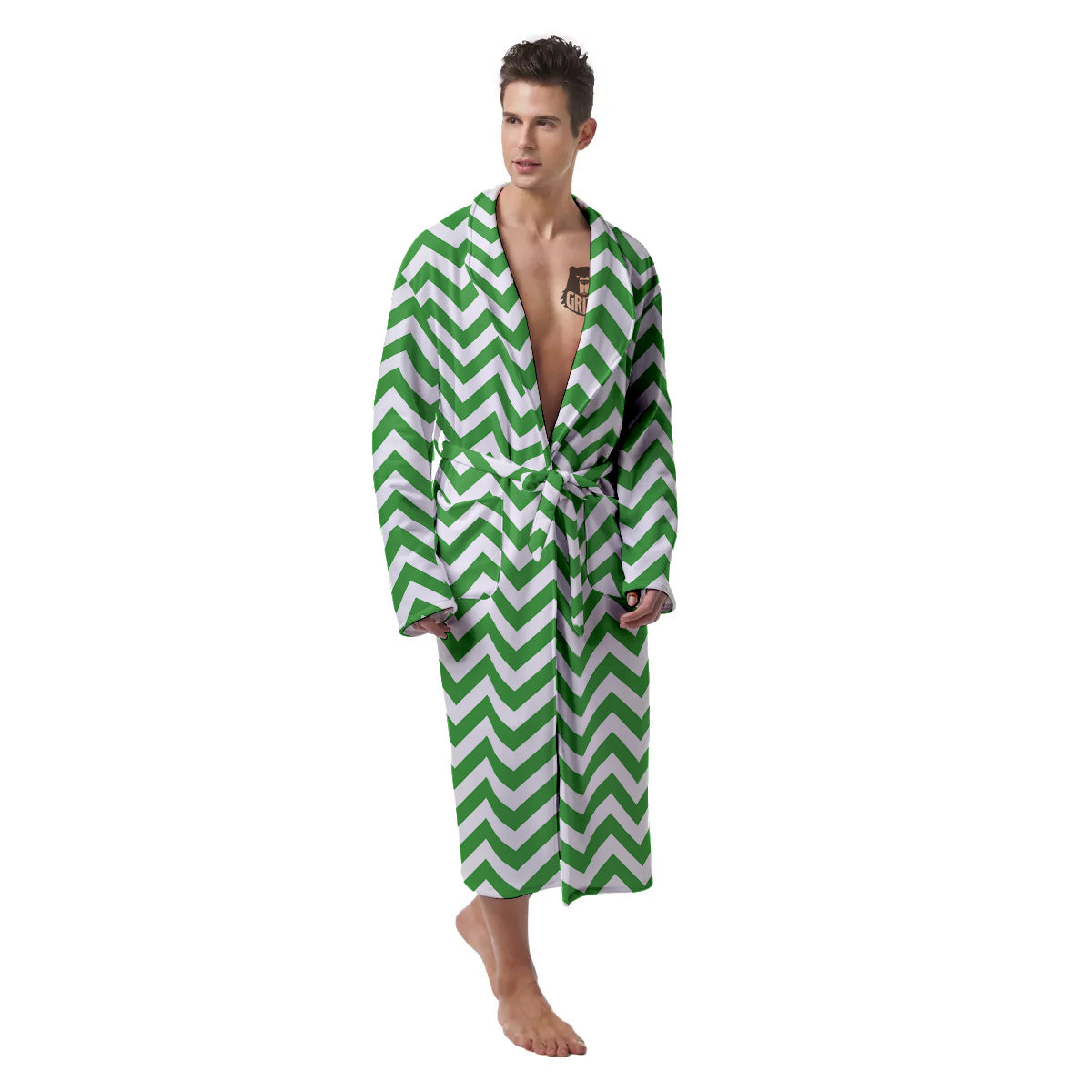 Green Zigzag Print Pattern Men's Robe-grizzshop