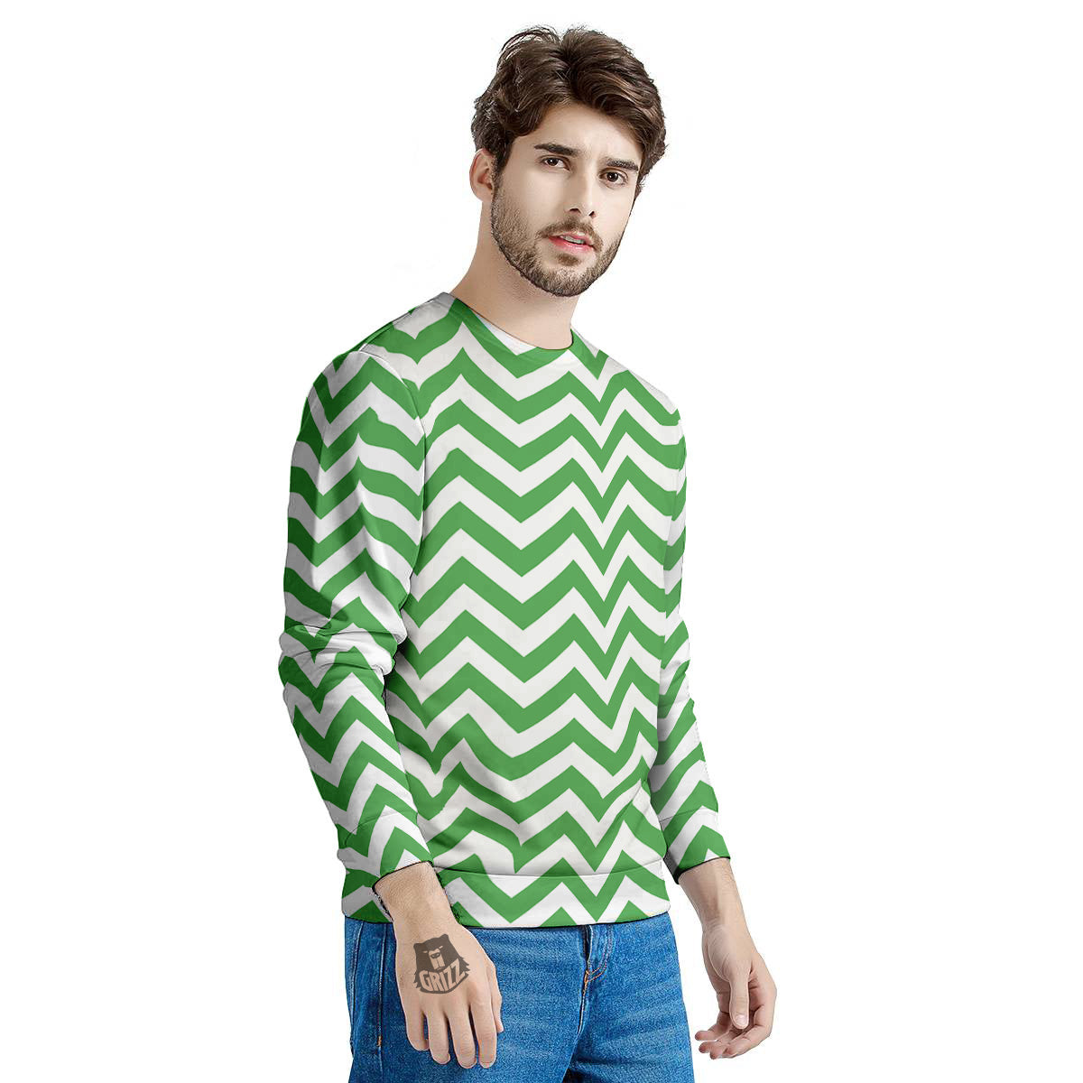 Green Zigzag Print Pattern Men's Sweatshirt-grizzshop