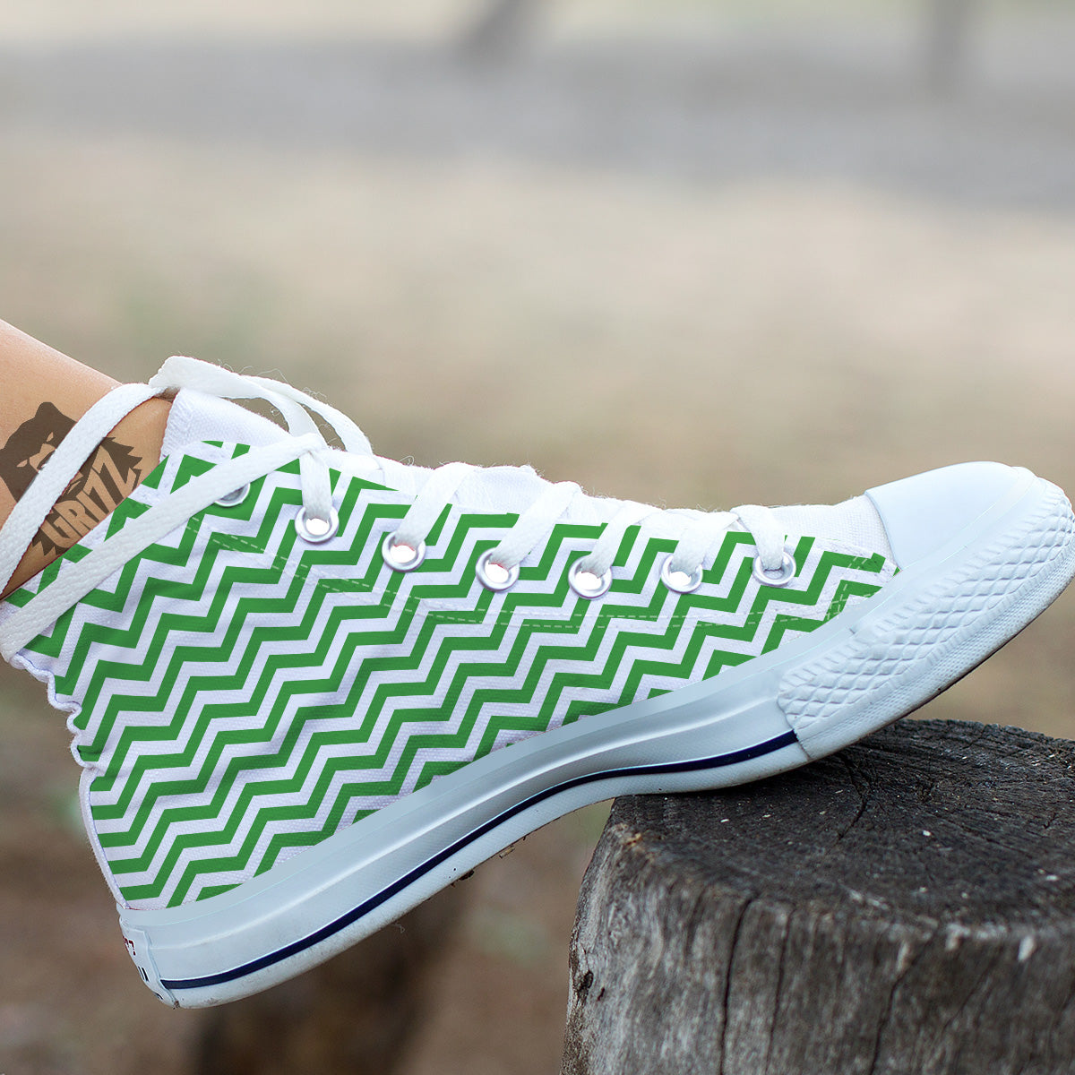 Green Zigzag Print Pattern White High Top Shoes-grizzshop