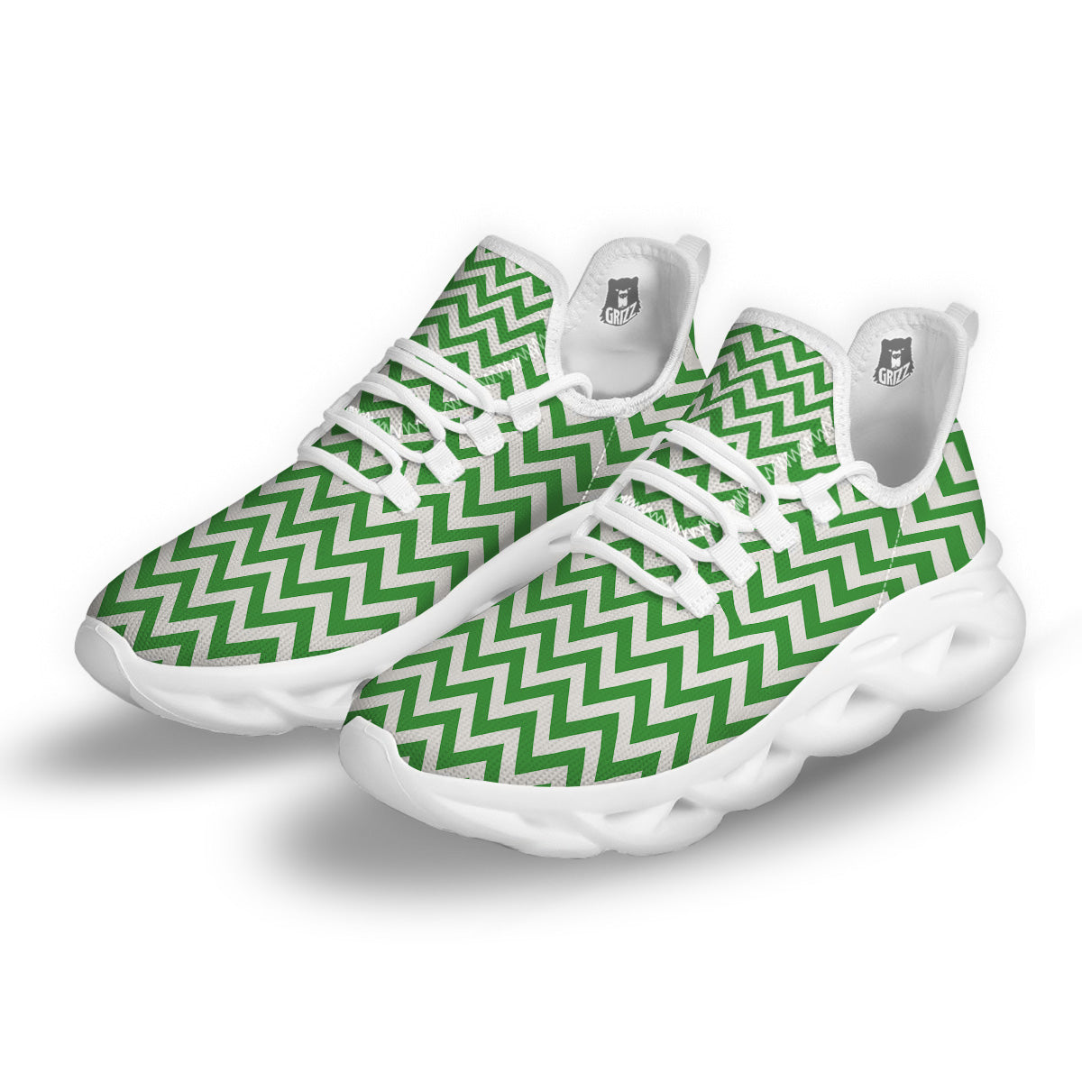 Green Zigzag Print Pattern White Running Shoes-grizzshop