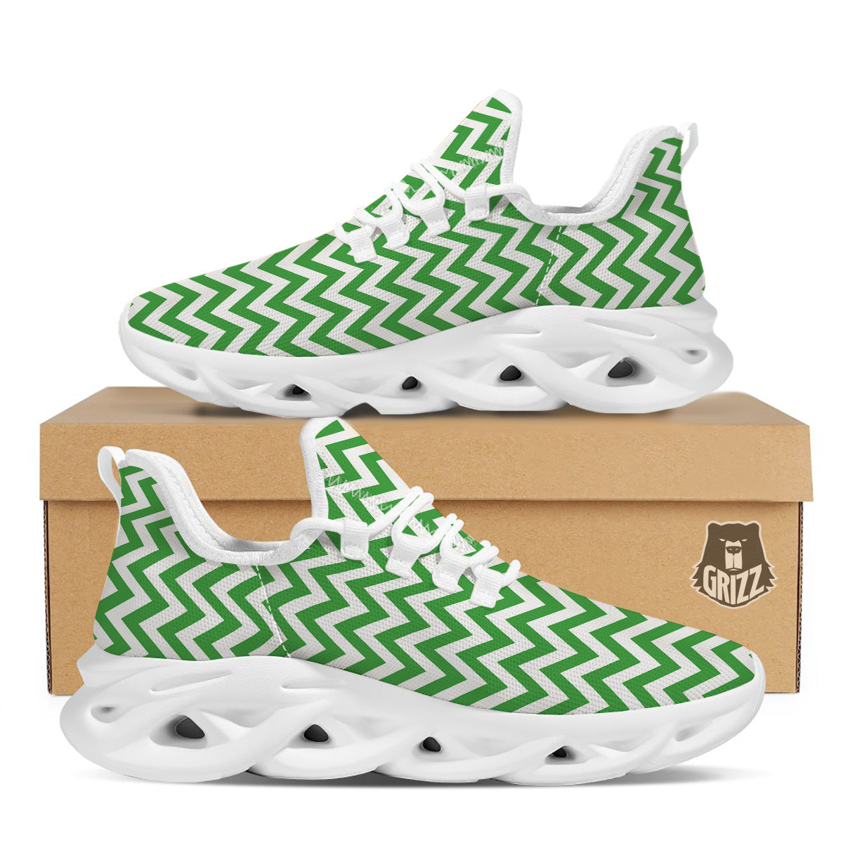 Green Zigzag Print Pattern White Running Shoes-grizzshop